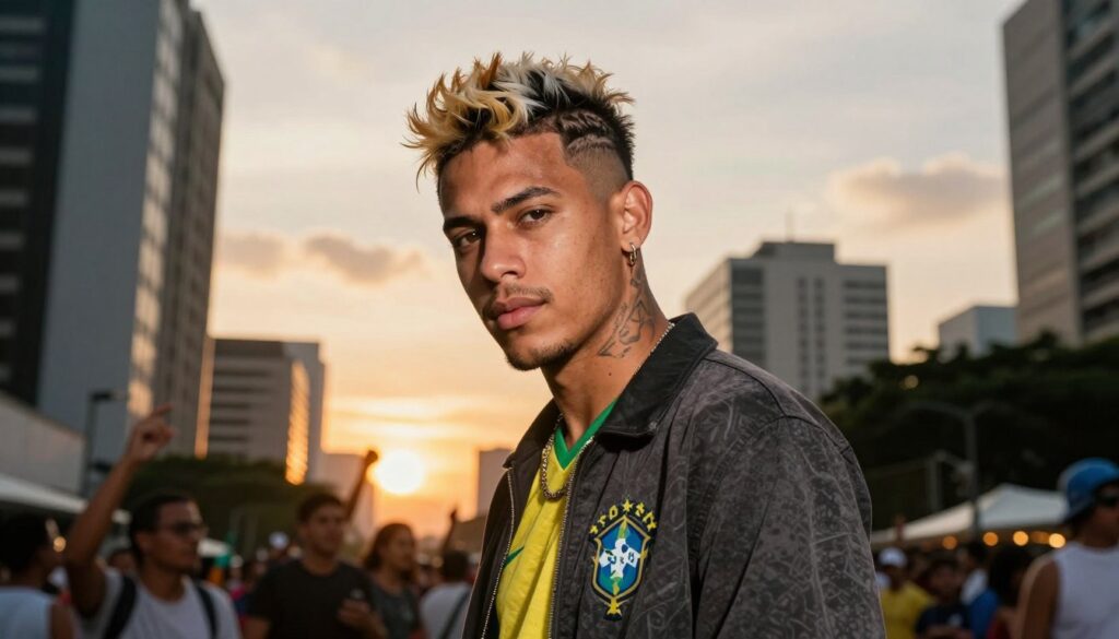 A Brazilian soccer player with striking hairstyles is depicted in a vibrant urban setting. In the foreground, the player sports a dramatic haircut that showcases the evolution of his style, with contrasting hair colors and intricate designs. The player stands in a confident pose, wearing a stylish, casual outfit that reflects modern street fashion. In the middle ground, blurred elements of a bustling city scene, including skyscrapers and cheering fans, enhance the atmosphere of excitement and energy. The background features a soft sunset sky, casting warm golden hues that create an inviting and dynamic mood. The lighting is high-contrast, highlighting the player's features and hairstyle details, shot from a slightly low angle to emphasize his presence and charisma.