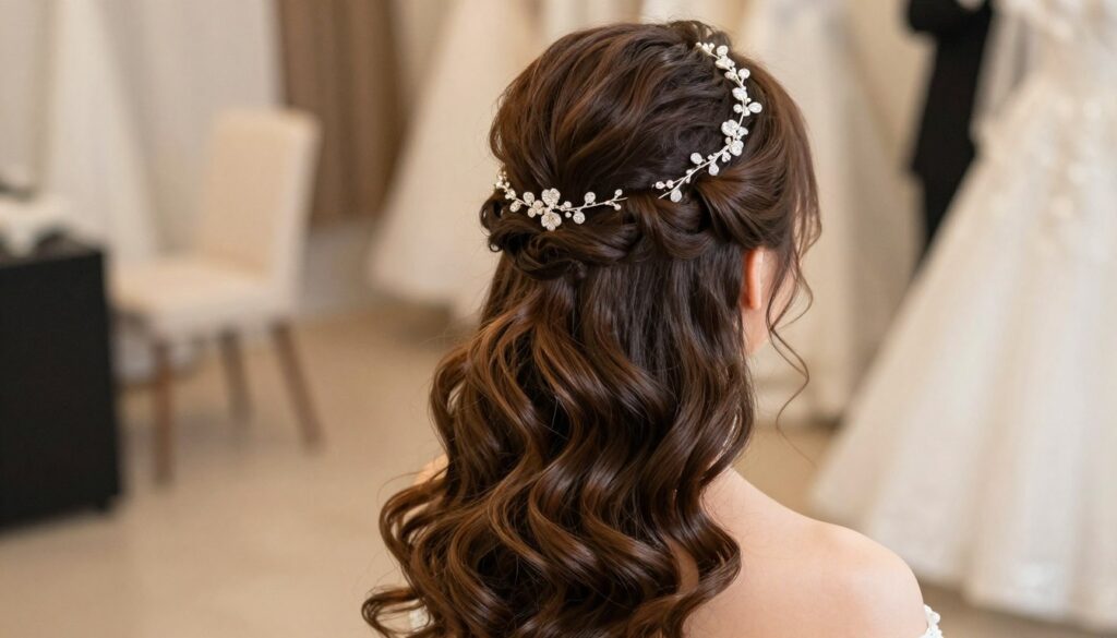 A beautiful half-up hairstyle featuring flowing, soft waves cascading down, with an elegant hair accessory perched atop the head. The foreground focuses on a woman's head and shoulders, showcasing the hairstyle in great detail—the waves are shiny and well-defined, highlighting the texture. The hair accessory glistens subtly, adding a touch of sophistication. In the middle ground, a blurred background of a softly lit, stylish interior suggests a wedding or elegant event, enhancing the festive atmosphere. Soft, warm lighting creates a flattering glow, ensuring the hairstyle's features are illuminated elegantly. The angle is slightly from above, giving a clear view of the hairstyle and accessory while maintaining a graceful and understated mood fitting for a wedding celebration.