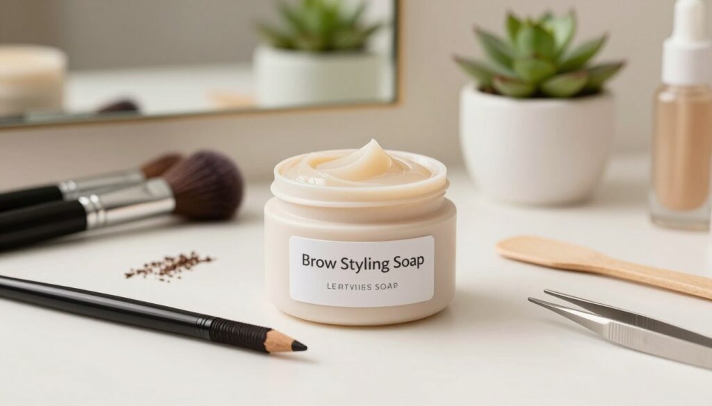 A beautifully arranged flat lay of a brow styling soap product, prominently featuring an elegant, minimalistic soap jar labeled "Brow Styling Soap". Surround the jar with high-quality brushes and a small wooden spatula. The foreground showcases delicate, natural makeup elements, such as a polished eyebrow pencil and a pair of stainless-steel tweezers. In the middle, a soft-focus background displays a well-lit vanity with a touch of greenery, like a small potted succulent, enhancing the freshness. Use warm, natural lighting to create a cozy and inviting atmosphere, mimicking a beauty salon environment. The angle should be slightly elevated, allowing a clear view of the soap texture and accessories, contributing to a sense of sophistication aimed at makeup enthusiasts. A beautifully arranged flat lay of a brow styling soap product, prominently featuring an elegant, minimalistic soap jar labeled "Brow Styling Soap". Surround the jar with high-quality brushes and a small wooden spatula. The foreground showcases delicate, natural makeup elements, such as a polished eyebrow pencil and a pair of stainless-steel tweezers. In the middle, a soft-focus background displays a well-lit vanity with a touch of greenery, like a small potted succulent, enhancing the freshness. Use warm, natural lighting to create a cozy and inviting atmosphere, mimicking a beauty salon environment. The angle should be slightly elevated, allowing a clear view of the soap texture and accessories, contributing to a sense of sophistication aimed at makeup enthusiasts.