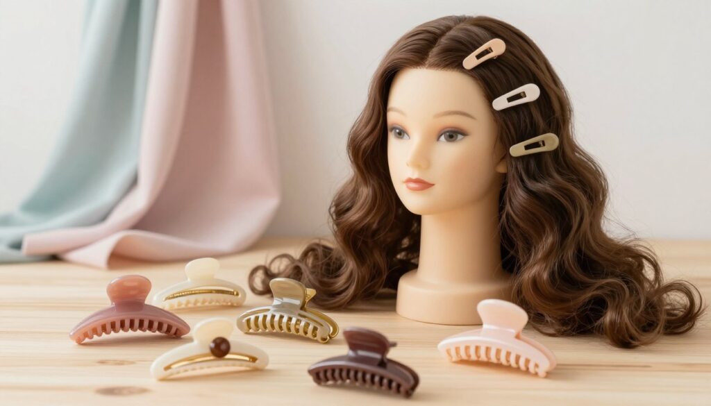 A beautifully arranged hair display showcasing various types of hair clips suitable for different hair types and lengths. In the foreground, a variety of stylish hair clips—ranging from classic to contemporary designs—are artistically scattered across a light wood surface. The middle ground features a well-groomed mannequin head with long, wavy hair, adorned with some of the clips, displaying how each complements different styles. The background is softly blurred to create an airy atmosphere, with pastel-colored fabrics draping gently. Soft, natural lighting enhances the textures of the hair and clips, creating a warm and inviting ambiance. The scene captures an essence of elegance and practicality, perfect for illustrating hair styling choices.
