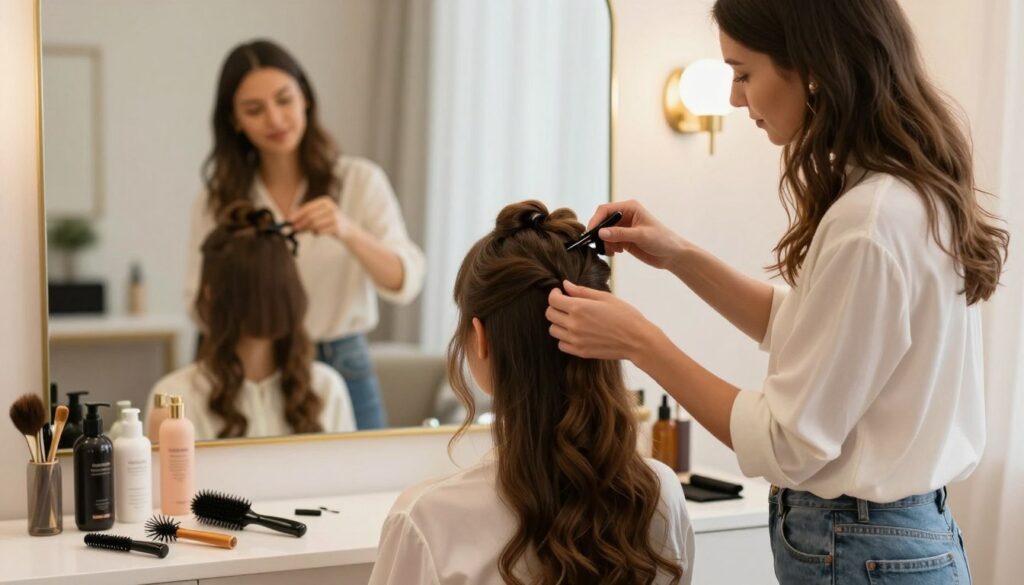 A beautifully arranged hair styling scene featuring a professional hairstylist demonstrating various hair updos using a hair clip. In the foreground, a well-lit vanity table with hair clips, brushes, and styling products scattered artistically. The hairstylist, dressed in a stylish, modest blouse and jeans, is gently adjusting a client's hair, showcasing different styles suitable for various occasions. The middle ground displays a mirror reflecting their expressions, highlighting the joy of experimenting with hairstyles. The background features elegant, soft-focus décor, creating a warm and inviting atmosphere. Soft, natural lighting illuminates the scene, enhancing the textures of the hair and products, while a shallow depth of field keeps the focus on the hairstyle techniques being demonstrated. The mood is creative and inspiring, perfect for anyone looking to learn about hair styling.