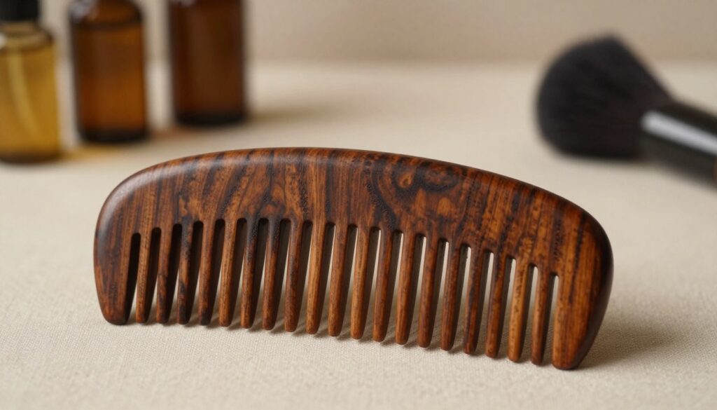 A beautifully crafted wooden beard comb, showcasing its intricate details and smooth finish, prominently displayed in the foreground. The comb is made from rich, dark wood with natural grain patterns that enhance its craftsmanship, positioned on a soft, neutral fabric background that complements its elegance. In the middle, a subtle lighting effect casts gentle shadows to highlight the contours of the comb. The atmosphere exudes a sense of natural luxury and care, ideal for grooming enthusiasts. Soft, warm lighting creates a cozy ambiance, while a blurred background with hints of grooming tools, like oils and brushes, suggest a stylish grooming routine. The angle captures both the front and the side of the comb, showcasing its functionality and beauty without any distracting elements.
