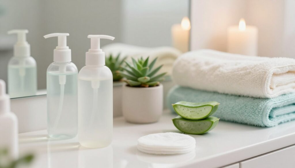 A bright, well-lit bathroom scene showcasing an elegantly arranged selection of safe products for removing henna from eyebrows. In the foreground, a vanity mirror reflects a bottle of gentle makeup remover and a soft cotton pad. The middle ground includes a small plant and a jar of natural aloe vera gel, symbolizing skin care. In the background, neatly stacked towels and a soft-focus light shimmer create a serene, inviting atmosphere. The color palette should feature calming pastels. The lighting is soft and warm, suggesting a clean and safe space. The mood is professional yet friendly, aiming to convey a sense of care and caution when it comes to eyebrow henna removal.