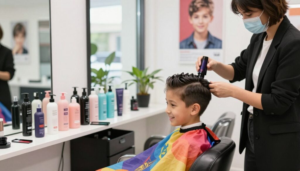 A charming scene featuring a 10-year-old boy with stylishly groomed hair, smiling as he receives a hair care treatment in a well-lit salon. In the foreground, the boy sits in a comfortable salon chair, wearing a colorful cape, while a hairstylist, dressed in a smart, casual outfit, applies a nourishing hair product. The middle of the image showcases an array of modern hair care products neatly displayed on a shelf, highlighting items tailored for boys. The background features large windows with natural light streaming in, plants adding a touch of greenery, and posters of trendy hairstyles for boys. The atmosphere is cheerful and welcoming, emphasizing the importance of hair care and styling for young boys.