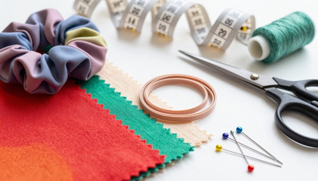 A close-up arrangement of sewing materials for making scrunchies, featuring vibrant fabric swatches in cotton and silk textures, along with a soft elastic band in varied thicknesses. Add a pair of small sewing scissors and colorful sewing pins scattered around. In the background, a measuring tape unfurls with clear measurements indicated. The scene should be well-lit with natural light, creating soft shadows to give depth. Use a shallow depth of field to keep the focus on the materials while gently blurring the background. The atmosphere should feel calm and inviting, ideal for a creative sewing project, evoking a sense of inspiration for DIY enthusiasts.