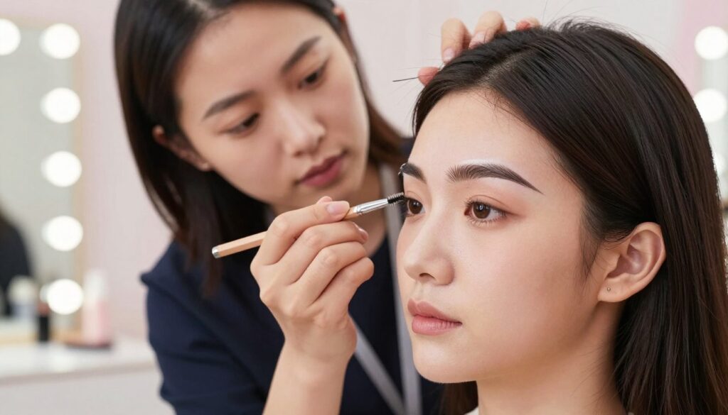 A close-up image focusing on an elegant female makeup artist expertly shaping eyebrows on a client's face. The foreground features a clear view of a pair of well-groomed eyebrows, with measuring tools like a brow ruler and a pencil highlighting key points—start, arch, and end of the brow. In the middle, the makeup artist, dressed in professional attire, demonstrates precise techniques, capturing an atmosphere of beauty and expertise. The background is softly blurred, showcasing a well-lit salon environment with mirrors and soft pastel colors, creating a calm and inviting mood. The lighting is bright yet soft, emphasizing the details of the brows and the artist's careful expression, all framed in a flattering angle that evokes a sense of professionalism and artistry. A close-up image focusing on an elegant female makeup artist expertly shaping eyebrows on a client's face. The foreground features a clear view of a pair of well-groomed eyebrows, with measuring tools like a brow ruler and a pencil highlighting key points—start, arch, and end of the brow. In the middle, the makeup artist, dressed in professional attire, demonstrates precise techniques, capturing an atmosphere of beauty and expertise. The background is softly blurred, showcasing a well-lit salon environment with mirrors and soft pastel colors, creating a calm and inviting mood. The lighting is bright yet soft, emphasizing the details of the brows and the artist's careful expression, all framed in a flattering angle that evokes a sense of professionalism and artistry.