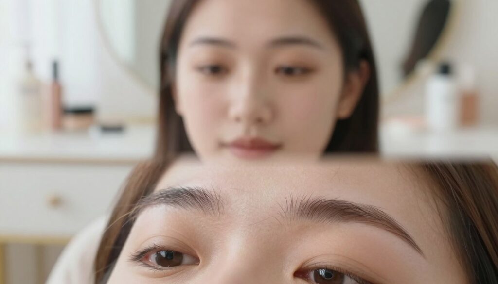 A close-up image focusing on the delicate area around the eyebrows, emphasizing sparse or weakened hair growth. The foreground showcases brows with fine, light hair strands near the eyes, highlighting potential pitfalls in brow maintenance. In the middle ground, a gentle face with neutral makeup complements the theme, with features softly lit to create a warm, inviting atmosphere. The background is a blurred, light-toned dressing table adorned with beauty products, contributing to a serene and focused mood. The lighting is soft and diffused, resembling daylight through a window, enhancing the details of brow care. The perspective is slightly angled to provide depth while maintaining the main focus on the eyebrow area. No text or logos will be present.