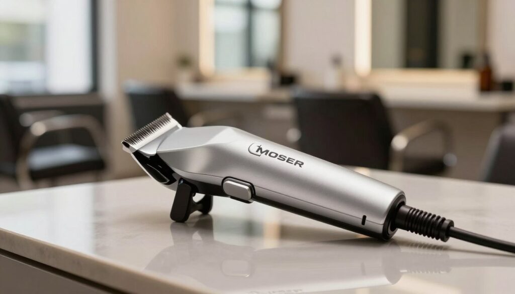 A close-up image of a Moser hair trimmer designed for short hairstyles, elegantly placed on a sleek, reflective surface. The trimmer is silver with a modern design, showcasing its precision blades and adjustable length settings. In the background, a softly blurred salon environment is visible, featuring stylish salon chairs and mirrors that reflect a warm, inviting ambiance. Natural light streams through a nearby window, casting gentle shadows and highlights on the trimmer, emphasizing its quality and craftsmanship. The overall mood conveys professionalism and reliability, ideal for grooming enthusiasts. The focus remains on the trimmer, ensuring no distractions in the scene while maintaining a clean and polished look. A close-up image of a Moser hair trimmer designed for short hairstyles, elegantly placed on a sleek, reflective surface. The trimmer is silver with a modern design, showcasing its precision blades and adjustable length settings. In the background, a softly blurred salon environment is visible, featuring stylish salon chairs and mirrors that reflect a warm, inviting ambiance. Natural light streams through a nearby window, casting gentle shadows and highlights on the trimmer, emphasizing its quality and craftsmanship. The overall mood conveys professionalism and reliability, ideal for grooming enthusiasts. The focus remains on the trimmer, ensuring no distractions in the scene while maintaining a clean and polished look.