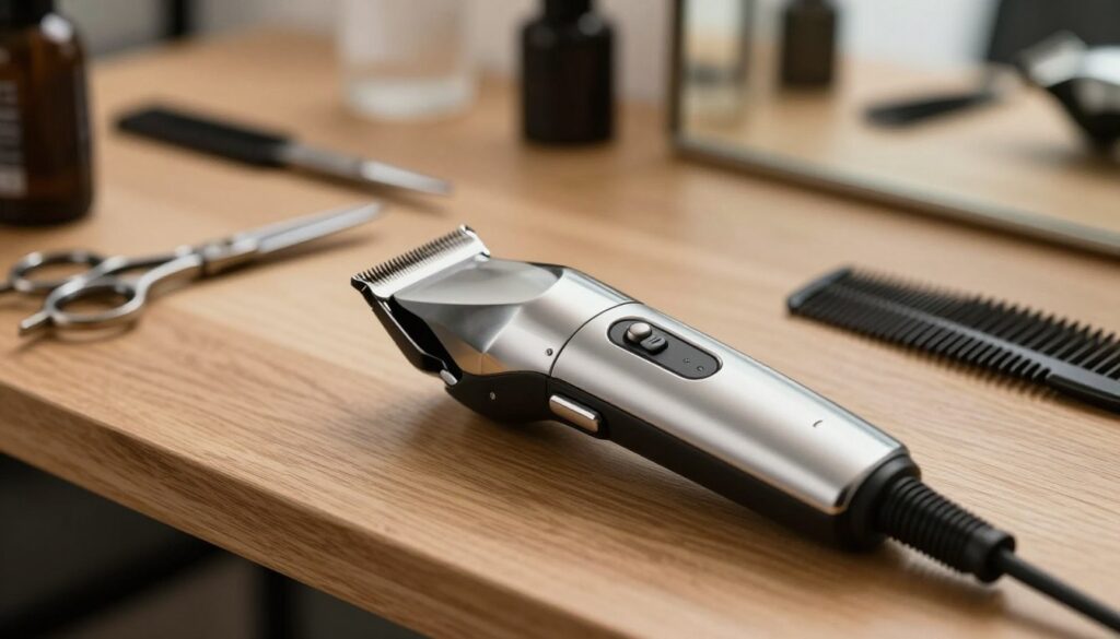 A close-up image of a Wahl trimmer designed for precision contouring, prominently displayed in the foreground on a stylish wooden grooming table. The trimmer features sleek lines, a high-quality stainless steel blade, and adjustable length settings, showcasing its modern design and functionality. Soft, diffused natural light illuminates the scene, creating a warm and inviting atmosphere. In the background, blurred grooming accessories like scissors, combs, and a mirror reflect the professional grooming environment, enhancing the focus on the trimmer. The overall mood conveys professionalism and elegance, suitable for a grooming expert's workspace.
