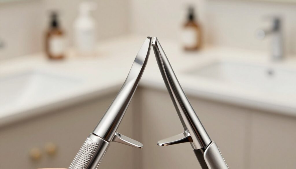 A close-up image of stainless steel nasal trimmer blades, showcasing their precision and sharp edges. Focus on the intricate design and polished surface of the blades, highlighting the reflection of light to emphasize their quality. The foreground features the blades prominently, displaying their sleek and modern appearance. The middle ground includes a blurred background of an elegant bathroom counter, with minimalistic grooming tools, enhancing the atmosphere of personal care. Soft, diffused lighting creates a serene and professional mood, and the angle captures the blades from slightly above, allowing for a clear view of their functionality and craftsmanship. The overall tone is clean, sophisticated, and inviting, perfect for illustrating the efficiency and comfort of using stainless steel trimming devices.