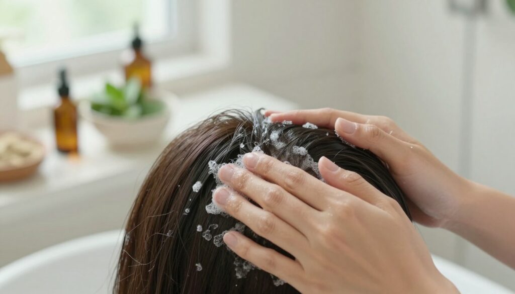 A close-up of a person’s scalp undergoing a gentle exfoliating treatment, showcasing the texture and process of scalp peeling. In the foreground, visible soft hands apply a nourishing scrub to the scalp, with a focus on the healthy strands of hair, glistening and well-maintained. The middle ground features natural ingredients, like essential oils and herbs, artfully arranged around a small bowl. The background has a serene bathroom setting with soft, diffused natural light filtering through a window, creating a calm atmosphere. The color palette is soothing, with pastel tones emphasizing cleanliness and care. The mood should evoke a sense of relaxation and self-care, perfect for a beauty routine focused on hair health.