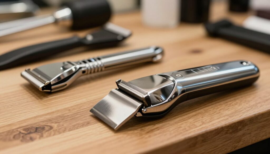 A close-up of high-quality beard trimmer blades on a wooden workbench, showcasing the intricate details of the cutting edges. The foreground features sharpened stainless steel blades glistening under soft, diffused lighting, highlighting their precision craftsmanship. In the middle, include adjustable length settings and cutting guards, demonstrating versatility for different beard styles. The background is a softly blurred barber salon setting, with tools and grooming supplies subtly hinted at to create depth and context. The overall atmosphere is professional and polished, conveying a sense of trust and expertise in beard care. Ensure the image is bright and inviting, evoking a modern grooming experience without any text or overlay distractions.