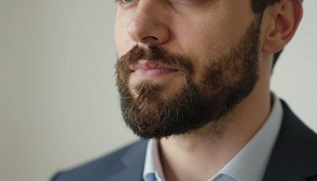 A close-up portrait of a man with a goat beard and a distinct facial shape, showcasing the beard's unique features without a mustache. The man is dressed in smart casual attire, creating a clean and professional appearance. Soft, natural lighting accentuates the contours of his face and the texture of the beard, with a shallow depth of field blurring the background to emphasize the subject. The background is a soft, neutral color to keep the focus on the facial features and the goat beard. The mood is approachable and informative, perfect for illustrating grooming and styling discussions. The angle is slightly off-center, providing a dynamic view of the beard and facial structure.