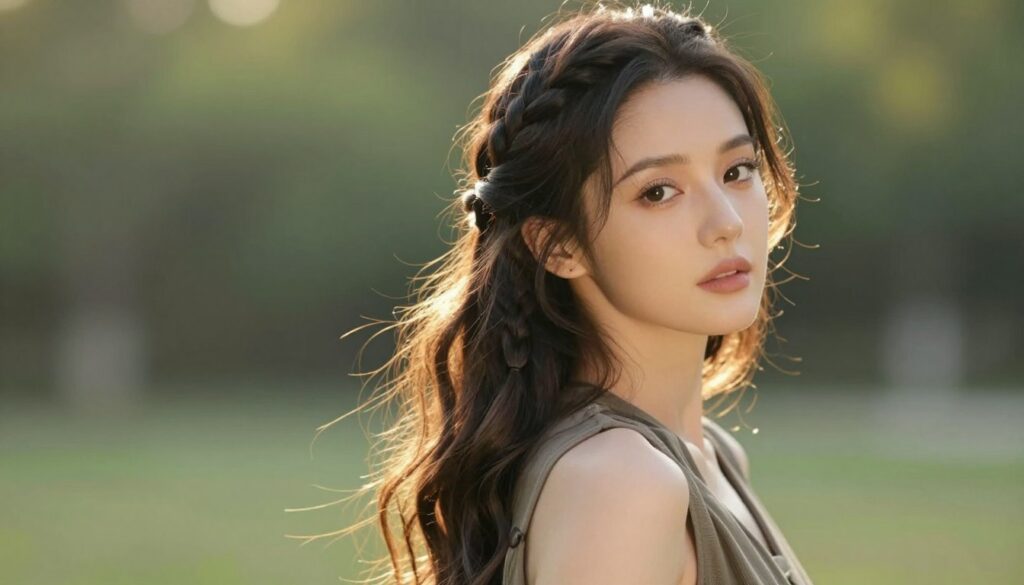 A close-up portrait of a woman with long, flowing hair styled in a delicate braid that blends seamlessly into loose waves. She has a natural, fresh look, with soft makeup highlighting her features. The background is a serene outdoor setting with gentle greenery blurred to create a sense of depth, while warm, golden hour sunlight bathes the scene, adding a soft glow. The woman is dressed in a stylish but modest outfit suitable for both everyday wear and special occasions, embodying an effortlessly chic vibe. Capture her confidence and grace, focusing on the artful combination of her relaxed hairstyle with the intricate braid, which conveys beauty and approachability in a dreamy setting.