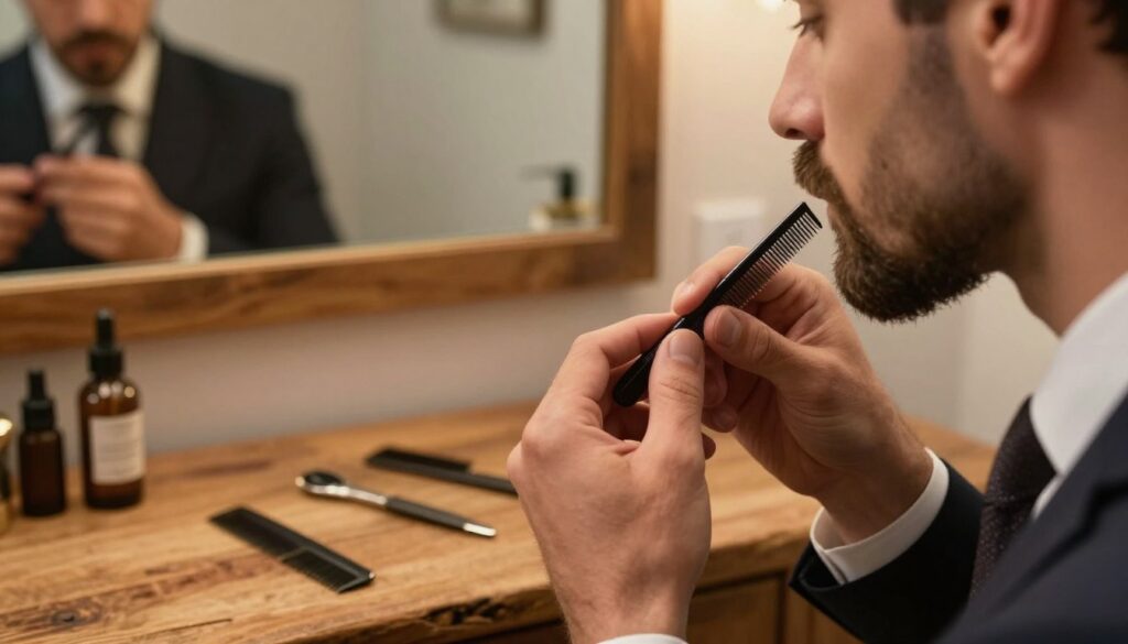 A close-up shot of a man styling his mustache with a fine-toothed mustache comb, highlighting the intricate details of the grooming process. The foreground features a well-groomed gentleman in a professional outfit, focusing on the exact placement of the comb in his mustache, showcasing refined techniques. In the middle ground, elegant grooming tools like a comb and beard oil are neatly arranged on a rustic wooden table. The background subtly presents a softly lit bathroom with a large mirror reflecting the subject’s concentration. Warm, ambient lighting enhances the intimate, focused atmosphere of grooming. The angle captures the action from a slightly elevated perspective, creating an engaging visual narrative about mustache styling.