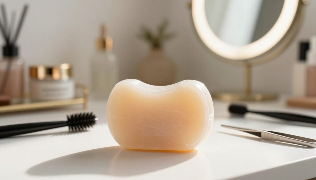A close-up shot of a stylish eyebrow soap in its elegant packaging, placed prominently in the foreground. The soap is translucent with a slightly glossy texture, emphasizing its quality for brow styling. Surrounding the soap are essential tools for brow grooming: a sleek spoolie brush and a pair of tweezers. In the middle ground, a softly blurred vanity mirror reflects a warm, inviting light, enhancing the overall atmosphere. The background features subtle hints of a well-organized beauty shelf adorned with elegant jars and decor, creating a cozy beauty space. Natural sunlight filters through a nearby window, casting gentle highlights and creating soft shadows, giving the scene a fresh and airy feel.