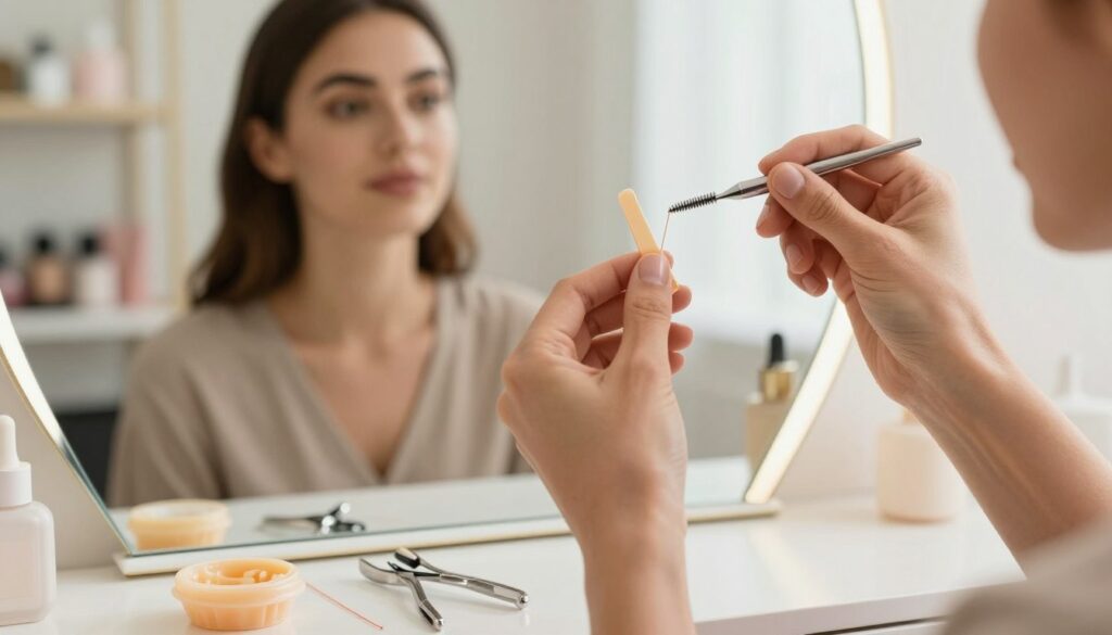 A close-up view of a beauty expert's hands demonstrating three different eyebrow shaping techniques: waxing, threading, and trimming. The foreground showcases a beautifully arranged set of professional tools: a small wax warmer, threading string, and eyebrow trimmer, all neatly placed on a clean, elegant vanity. The middle section features a model with well-groomed eyebrows, wearing modest casual clothing, observing her reflection in a mirror with a thoughtful expression. Soft, natural light illuminates the scene, enhancing skin tones and creating a warm atmosphere. In the background, blurred shelves with beauty products suggest a professional salon environment. The overall mood is serene and focused, highlighting the art of eyebrow regulation and the careful selection of methods. A close-up view of a beauty expert's hands demonstrating three different eyebrow shaping techniques: waxing, threading, and trimming. The foreground showcases a beautifully arranged set of professional tools: a small wax warmer, threading string, and eyebrow trimmer, all neatly placed on a clean, elegant vanity. The middle section features a model with well-groomed eyebrows, wearing modest casual clothing, observing her reflection in a mirror with a thoughtful expression. Soft, natural light illuminates the scene, enhancing skin tones and creating a warm atmosphere. In the background, blurred shelves with beauty products suggest a professional salon environment. The overall mood is serene and focused, highlighting the art of eyebrow regulation and the careful selection of methods.