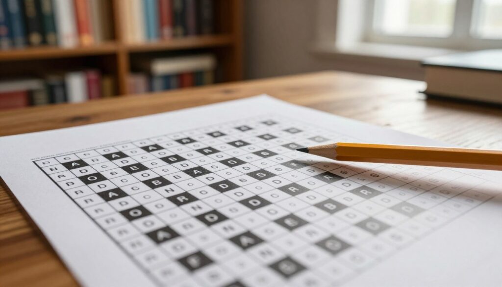 A close-up view of a crossword puzzle spread out on a wooden table, with a pencil poised above the clues. The foreground features a well-defined crossword grid filled with several completed words, showcasing intricate letter placements. In the middle space, a few blank squares indicate the challenge of finding the right answer. The background contains a soft-focus bookshelf filled with dictionaries and books on puzzles, warmly lit by natural sunlight streaming through a nearby window, creating a cozy atmosphere. The mood is contemplative and inviting, encouraging thought and problem-solving. The lighting is soft and warm, emphasizing the textures of the paper and the pencil, while the angle is slightly top-down to capture the crossword’s details effectively.
