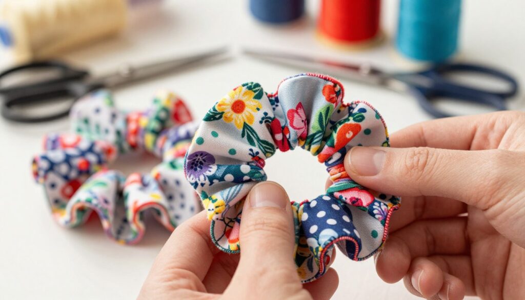 A close-up view of a fabric scrunchie being pulled through a soft, colorful elastic band. The foreground features a pair of hands gently grasping the scrunchie, showcasing intricate sewing techniques. In the middle ground, the scrunchie is vividly textured with floral and polka dot patterns, while the elastic band is neatly positioned in a sewing tunnel. The background is softly blurred, filled with sewing tools like scissors and spools of thread, creating a cozy, creative atmosphere. Warm, natural lighting illuminates the scene, highlighting the vibrant colors and soft fabric texture. A shallow depth of field focuses on the action of threading, conveying a sense of craftsmanship and ease in making a scrunchie.