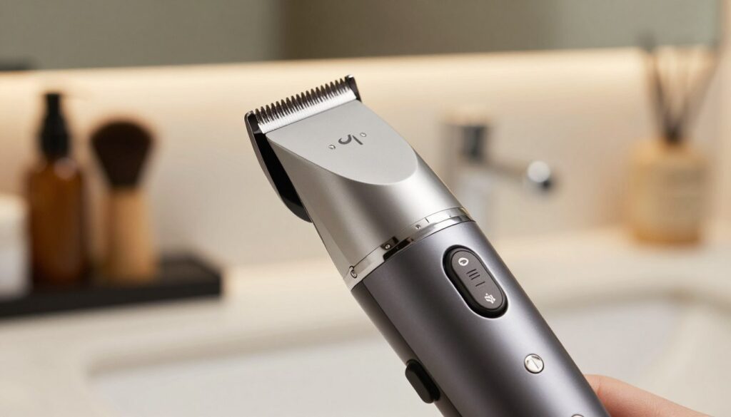 A close-up view of a high-quality hair trimmer designed for precise beard styling and mustache grooming, showcasing the adjustable length settings highlighted on the dial. The trimmer should be set against a sleek, modern bathroom countertop, with soft, diffuse lighting that creates a warm and inviting atmosphere. In the background, blurred elements like grooming accessories and a stylish mirror enhance the professional grooming theme. The focus is on the trimmer's details, emphasizing its ergonomic design and sharp blades, while capturing a sense of sophistication and cleanliness. The mood is relaxed yet precise, reflecting the importance of grooming in personal care. A close-up view of a high-quality hair trimmer designed for precise beard styling and mustache grooming, showcasing the adjustable length settings highlighted on the dial. The trimmer should be set against a sleek, modern bathroom countertop, with soft, diffuse lighting that creates a warm and inviting atmosphere. In the background, blurred elements like grooming accessories and a stylish mirror enhance the professional grooming theme. The focus is on the trimmer's details, emphasizing its ergonomic design and sharp blades, while capturing a sense of sophistication and cleanliness. The mood is relaxed yet precise, reflecting the importance of grooming in personal care.