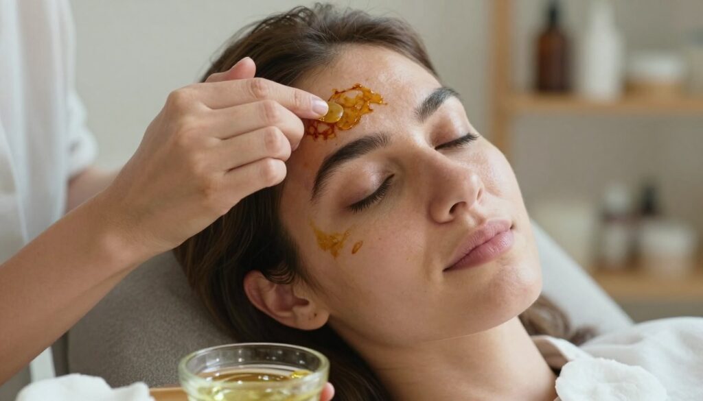 A close-up view of a person's face focusing on the area around the eyebrows, with hints of henna stain visible on the skin. The person, portrayed in a modest casual outfit, is applying a gentle natural remedy to lift the henna. Their expression is calm and focused, surrounded by beauty products like a small bowl of coconut oil and cotton pads. Soft natural light illuminates the scene, creating a warm and inviting atmosphere, with a blurred background featuring shelves of beauty supplies. The camera angle captures the delicate process, emphasizing both the skin's texture and the careful application of the solution, conveying a sense of self-care and attention to detail.