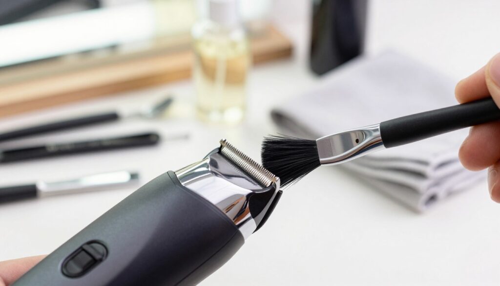 A close-up view of a professional beard trimmer being meticulously cleaned. The foreground features the trimmer with shiny, sharp blades, reflecting light, and a small brush used for cleaning, showcasing fine bristles in detail. In the middle ground, a set of essential grooming tools like cleaning oil and a soft cloth is neatly arranged, emphasizing maintenance. The background is softly blurred, depicting a well-lit workspace with hints of a vanity mirror and some grooming products. The lighting is bright and natural, creating a clean and inviting atmosphere. Capture the mood of precision and care in grooming, highlighting the importance of blade maintenance for optimal performance.
