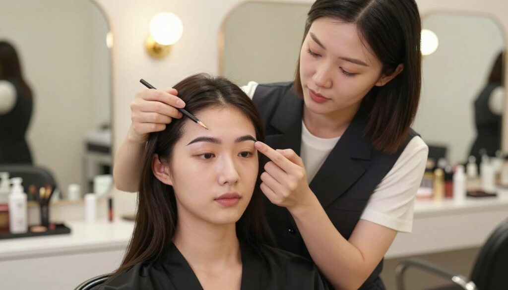 A close-up view of a professional beauty expert demonstrating the precise technique of eyebrow shaping. In the foreground, a well-groomed individual sits in a salon chair, focusing on a mirror, with an eyebrow pencil in hand, carefully marking the beginning, arch, and end of their eyebrows. The beauty expert, wearing a stylish but modest outfit, provides guidance, pointing to the outlines with a gentle expression. The background features soft, diffused lighting from overhead lamps, creating a warm, inviting atmosphere with subtle reflections in the mirror. The setting is elegantly decorated with beauty products and tools neatly arranged on a countertop, enhancing the professionalism and clarity of the process being illustrated.