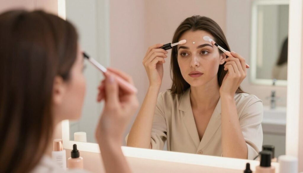 A close-up view of a serene bathroom setting where a woman is gently applying a brow lightening product. The foreground features her hands holding a small applicator brush with a creamy lightening solution. She wears a modest, professional-looking outfit to emphasize a clean, safe approach to beauty. In the middle, the mirror reflects her focused expression, portraying care and concentration. The background showcases soft, ambient lighting with pastel-colored walls and clean cosmetics laid out neatly on the counter. The atmosphere is calm and inviting, perfect for a beauty routine. The image captures the essence of brow lightening step by step, highlighting technique and professionalism without distraction. A close-up view of a serene bathroom setting where a woman is gently applying a brow lightening product. The foreground features her hands holding a small applicator brush with a creamy lightening solution. She wears a modest, professional-looking outfit to emphasize a clean, safe approach to beauty. In the middle, the mirror reflects her focused expression, portraying care and concentration. The background showcases soft, ambient lighting with pastel-colored walls and clean cosmetics laid out neatly on the counter. The atmosphere is calm and inviting, perfect for a beauty routine. The image captures the essence of brow lightening step by step, highlighting technique and professionalism without distraction.