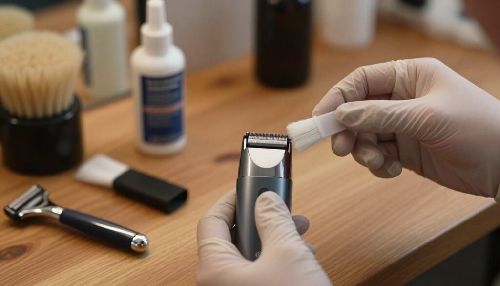A close-up view of a sleek, modern razor trimmer with its blades being carefully cleaned and maintained. The foreground features a pair of hands wearing professional gloves, delicately handling the razor with a soft brush and cleaning solution. In the middle, an assortment of grooming tools, such as a brush and lubricant, are tastefully arranged on a polished wooden surface. The background showcases a well-organized workspace with a blurred effect, illuminated by warm, soft lighting that creates an inviting and professional atmosphere. The scene emphasizes precision and care, reflecting the importance of maintaining razor sharpness for longevity. The overall mood is calm and focused, ideal for an informative setting. A close-up view of a sleek, modern razor trimmer with its blades being carefully cleaned and maintained. The foreground features a pair of hands wearing professional gloves, delicately handling the razor with a soft brush and cleaning solution. In the middle, an assortment of grooming tools, such as a brush and lubricant, are tastefully arranged on a polished wooden surface. The background showcases a well-organized workspace with a blurred effect, illuminated by warm, soft lighting that creates an inviting and professional atmosphere. The scene emphasizes precision and care, reflecting the importance of maintaining razor sharpness for longevity. The overall mood is calm and focused, ideal for an informative setting.