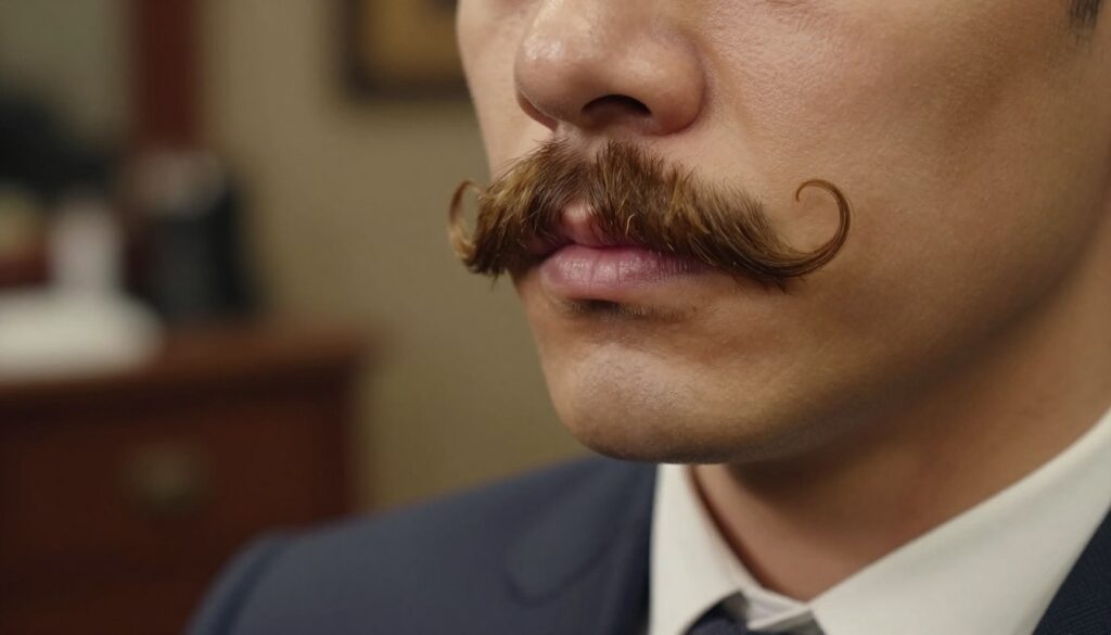 A close-up view of a well-groomed mustache above a person's upper lip, emphasizing the artistry of its styling. The individual is dressed in a smart-casual outfit, reflecting a sense of sophistication. Soft, diffused lighting highlights the texture and contours of the mustache, with a slight sheen that suggests care and attention to grooming. The background is a blurred, warm-toned setting, possibly a barbershop with vintage decor, enhancing the focus on the mustache. The angle is slightly tilted to capture the profile, showcasing the elegant curve of the mustache. The mood is refined and stylish, perfect for an article on mustache grooming techniques.