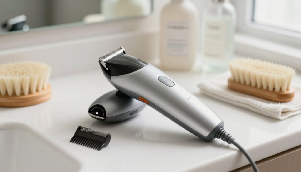 A close-up view of a well-maintained grooming device for intimate areas, prominently displayed on a clean, modern bathroom countertop. The trimmer, sleek and ergonomically designed, is partially disassembled for cleaning, showcasing its detachable blades and combs. Surrounding the trimmer are essential grooming tools like a soft brush and cleaning cloth. The scene is illuminated by soft, natural light streaming in from a nearby window, creating a calm and hygienic atmosphere. In the background, blurred images of neatly arranged toiletries add depth without drawing attention away from the main subject. The overall mood is fresh and professional, emphasizing the importance of device care and hygiene after grooming. A close-up view of a well-maintained grooming device for intimate areas, prominently displayed on a clean, modern bathroom countertop. The trimmer, sleek and ergonomically designed, is partially disassembled for cleaning, showcasing its detachable blades and combs. Surrounding the trimmer are essential grooming tools like a soft brush and cleaning cloth. The scene is illuminated by soft, natural light streaming in from a nearby window, creating a calm and hygienic atmosphere. In the background, blurred images of neatly arranged toiletries add depth without drawing attention away from the main subject. The overall mood is fresh and professional, emphasizing the importance of device care and hygiene after grooming.