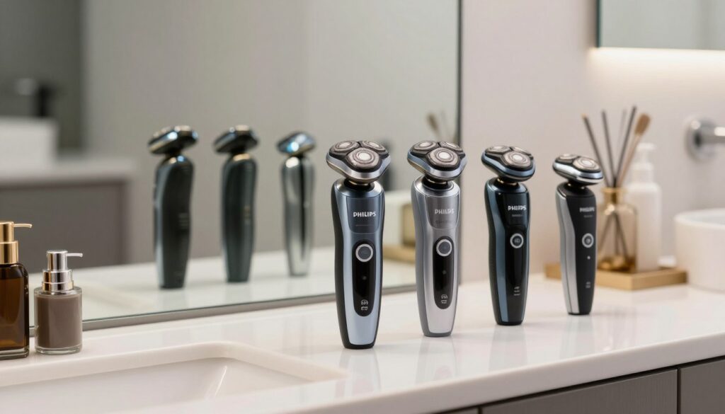 A collection of electric shavers placed on a sleek, modern countertop in a well-lit bathroom. In the foreground, several high-quality Philips electric razors are prominently displayed, showcasing their distinct designs and features, such as ergonomic grips and advanced cutting technology. In the middle ground, a stylish mirror reflects the shavers, enhancing the sense of depth. The background features softly blurred bathroom elements like a neatly arranged grooming kit and elegant decor, creating a clean and sophisticated atmosphere. The lighting is bright and inviting, highlighting the shiny surfaces of the shavers. Capture the essence of everyday grooming with an emphasis on innovation and style, evoking a sense of professionalism and cleanliness. A collection of electric shavers placed on a sleek, modern countertop in a well-lit bathroom. In the foreground, several high-quality Philips electric razors are prominently displayed, showcasing their distinct designs and features, such as ergonomic grips and advanced cutting technology. In the middle ground, a stylish mirror reflects the shavers, enhancing the sense of depth. The background features softly blurred bathroom elements like a neatly arranged grooming kit and elegant decor, creating a clean and sophisticated atmosphere. The lighting is bright and inviting, highlighting the shiny surfaces of the shavers. Capture the essence of everyday grooming with an emphasis on innovation and style, evoking a sense of professionalism and cleanliness.