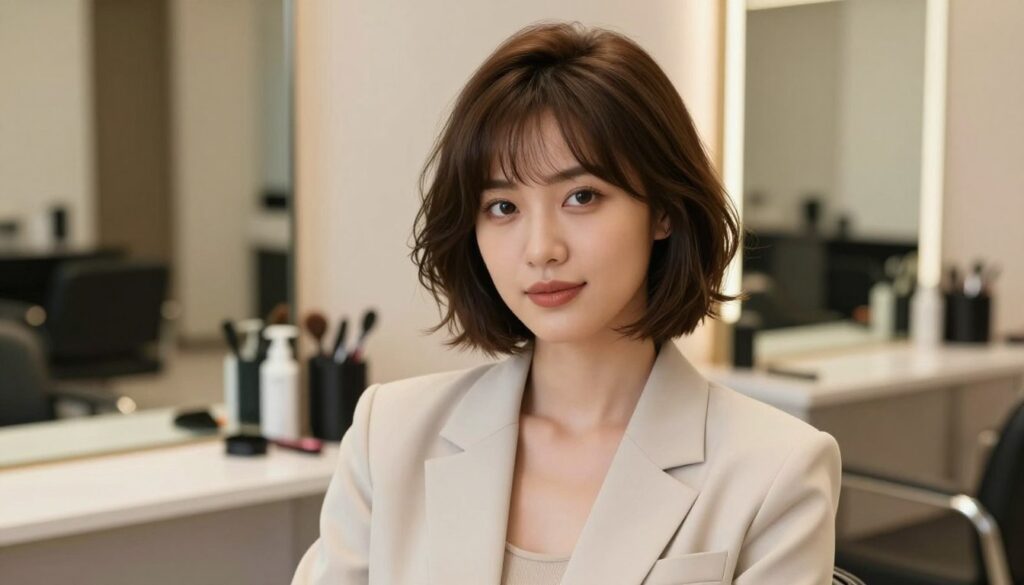 A confident woman with short hair styled in a flattering, face-slimming haircut. The hairstyle features soft waves and layers that gently frame her face, subtly elongating her features. She wears a chic, professional outfit, with a light, tailored blazer over a simple top, standing in an elegant salon environment. The background shows modern hair styling tools and mirrors, softly blurred to keep focus on her face and hairstyle. The lighting is warm and inviting, casting gentle highlights on her hair while accentuating her facial structure. The mood is stylish and uplifting, inviting viewers to consider the transformative power of complementary hairstyles.