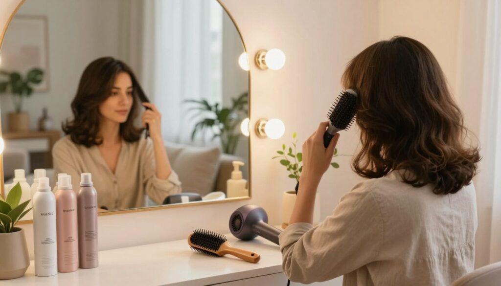 A cozy and inviting home setting showcasing alternative methods for achieving a volume-enhancing blowout hairstyle. In the foreground, a well-organized vanity table displays various hair products like volumizing mousse, a round brush, and a hairdryer. A person with medium-length hair, wearing comfortable, modest clothing, is using a round brush to style their hair while looking in a mirror, demonstrating an easy technique. In the middle, a wall mirror reflects warm, soft lighting that creates an inviting atmosphere. The background features a serene living space with houseplants and stylish decor, adding to the cozy vibe. The overall mood is relaxed and approachable, capturing the essence of effortless beauty and home styling. A cozy and inviting home setting showcasing alternative methods for achieving a volume-enhancing blowout hairstyle. In the foreground, a well-organized vanity table displays various hair products like volumizing mousse, a round brush, and a hairdryer. A person with medium-length hair, wearing comfortable, modest clothing, is using a round brush to style their hair while looking in a mirror, demonstrating an easy technique. In the middle, a wall mirror reflects warm, soft lighting that creates an inviting atmosphere. The background features a serene living space with houseplants and stylish decor, adding to the cozy vibe. The overall mood is relaxed and approachable, capturing the essence of effortless beauty and home styling.