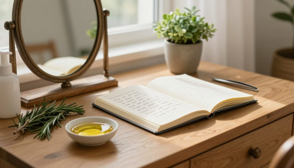 A cozy home setting featuring a wooden vanity table adorned with natural beauty products focused on eyebrow growth. In the foreground, a small dish of castor oil, a pair of clean tweezers, and a few sprigs of rosemary arranged next to a rustic mirror. In the middle, an open notebook with handwritten notes about home remedies for eyebrow enhancement rests beside a potted plant. The background features soft natural light streaming through a window with sheer curtains, creating a warm and inviting atmosphere. A subtle texture of wood and plant leaves enhances the sense of tranquility and wellness, encapsulating the mood of self-care and nurturing.