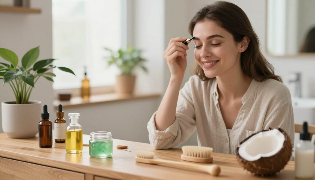 A cozy, well-lit bathroom setting, featuring an elegant wooden vanity adorned with various natural ingredients for eyebrow enhancement. In the foreground, there are small glass jars filled with castor oil, aloe vera gel, and coconut oil, neatly arranged with a bamboo brush for application. In the middle, a young woman with a warm smile, dressed in a modest, casual outfit, is gently applying a homemade eyebrow serum to her brows, showcasing her focus and care. The background is softly blurred, revealing potted plants and a large mirror reflecting soft, natural light. The overall atmosphere is serene and inviting, promoting a sense of self-care and natural beauty.