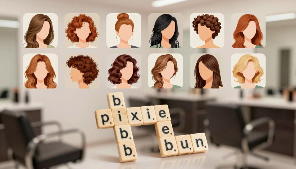 A creative collage featuring various hairstyles that are commonly found in crossword puzzles. In the foreground, an elegant arrangement of scrambled words and letter combinations spelling out different hairstyle names, such as "bob," "pixie," and "bun," set against a soft, blurred background of a stylish hair salon. The middle ground displays an assortment of illustrated hairstyles in different colors and styles, showcasing diversity in textures and lengths. The lighting is bright and inviting, creating a warm atmosphere, while maintaining clarity for the hairstyles. Focus the angle to give a slight bird's-eye view of the scene, enhancing the sense of imagination and curiosity in the context of crossword puzzles without any text or distractions.