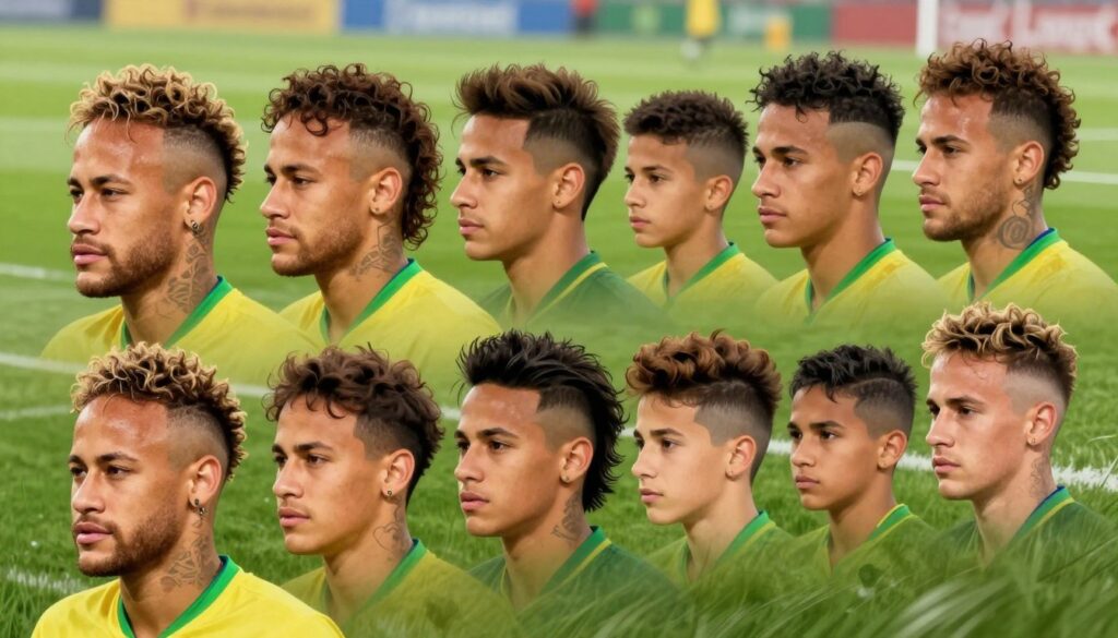 A detailed illustration showcasing the evolution of Neymar's hairstyles over the years. In the foreground, depict Neymar, a Brazilian footballer with short curls, transitioning to bold styles like a mohawk and an undercut. Include various hairstyles from different periods, emphasizing texture and volume, capturing his signature looks. In the middle, illustrate a blend of hairstyles arranged chronologically, symbolizing his transformation. The background should be a dynamic football pitch, with soft, natural lighting that enhances the hair details. Capture an energetic and inspirational atmosphere, reflecting Neymar's confidence and youth, with a slight motion blur to evoke action. No text or watermarks in the image.