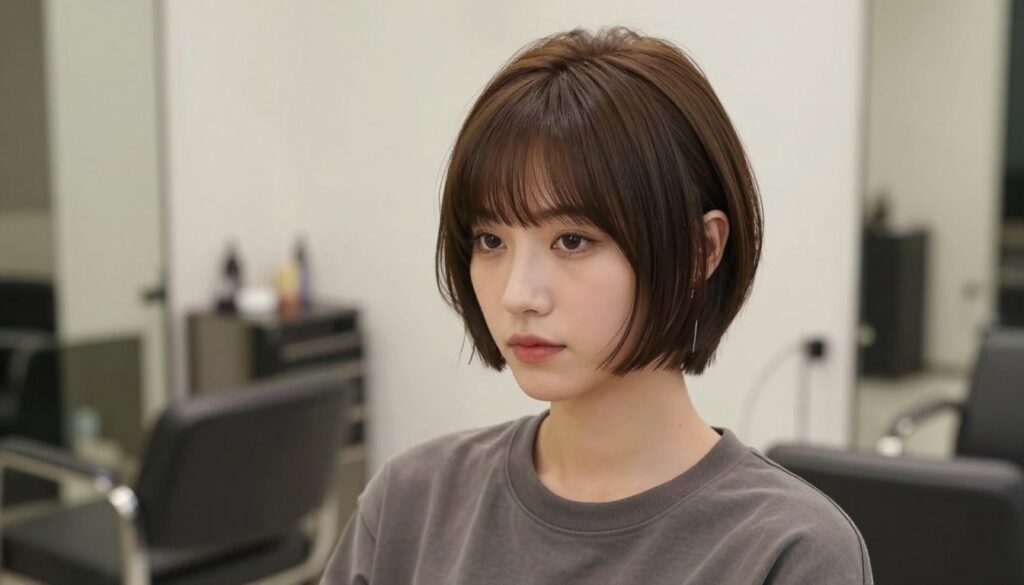 A fashionable woman with a modern mushroom haircut that complements her face shape stands confidently. The focus is on her hairstyle, which features soft, rounded edges and a sleek, polished finish. She wears a stylish, modest casual outfit that enhances her overall appearance. The background showcases a contemporary salon environment with subtle hues, creating an inviting atmosphere. Natural soft lighting illuminates her features, highlighting the textures of her hair. Capture the image from a slightly elevated angle to emphasize the haircut and its shape. The mood is trendy and sophisticated, reflecting the essence of modern hairstyles suitable for various face shapes.