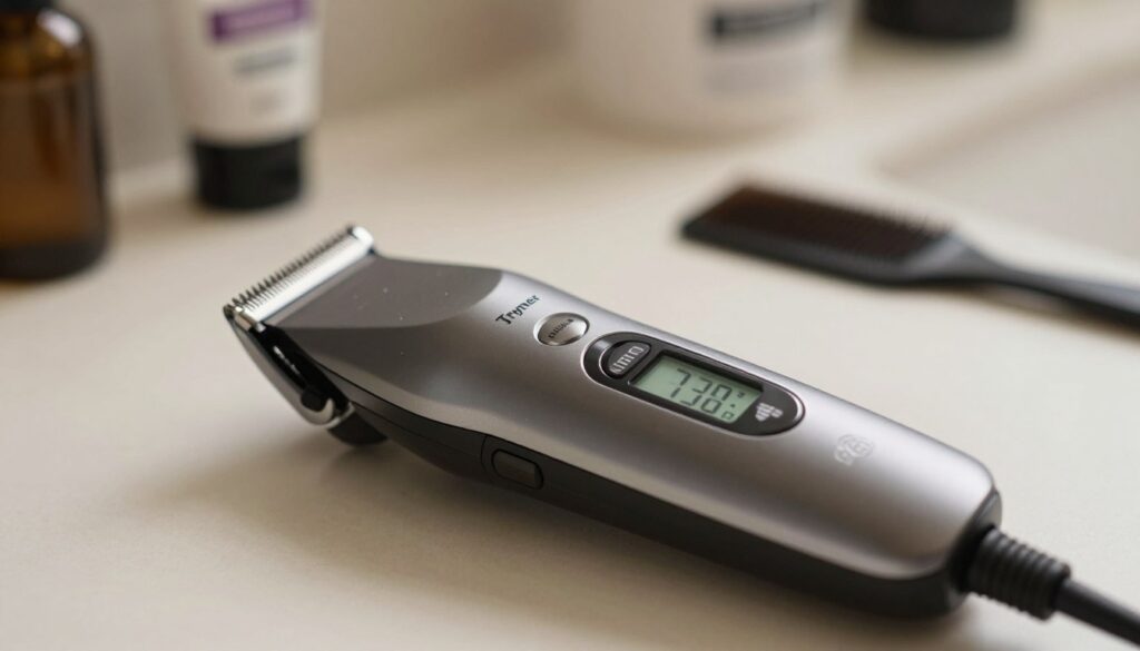 A high-quality product shot of the Trymer Alpha ATP-02 hair and beard trimmer, prominently featuring an LCD display. The trimmer should be positioned in the foreground, showcasing its sleek design and ergonomic grip with metallic accents. In the middle ground, include a blurred grooming setting with soft lighting that highlights the details of the trimmer, such as its adjustable length settings and stainless steel blades. The background should be a stylish bathroom countertop, subtly decorated with grooming accessories like a comb and shaving cream, enhancing the product's context. Use natural lighting to create a warm and inviting atmosphere, with a slight shadow for depth. The angle should be slightly above eye level, focusing on the trimmer while allowing the background elements to provide context.