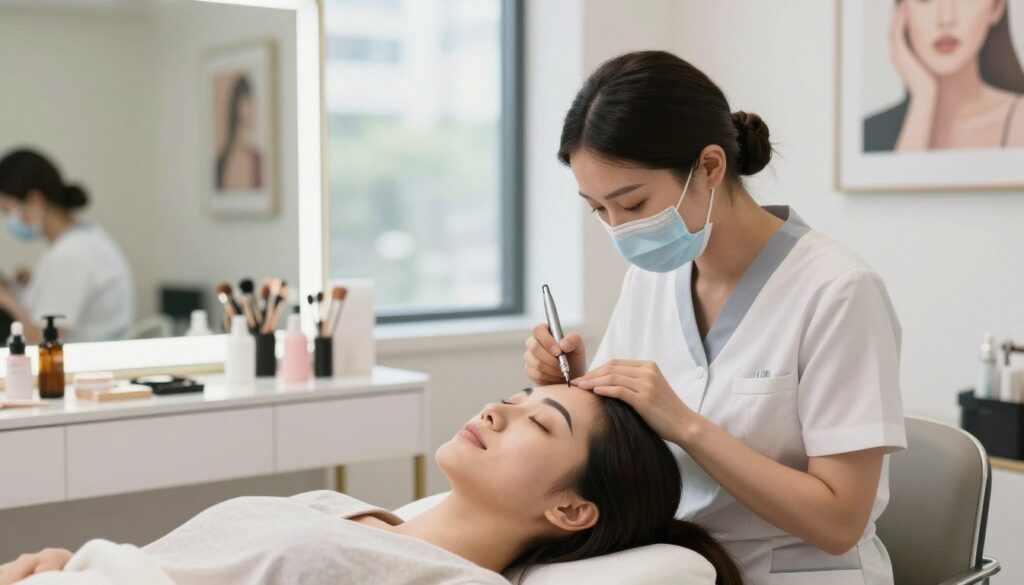 A modern beauty studio interior focused on a professional permanent makeup session for eyebrows. In the foreground, a skilled aesthetician, wearing a clean and stylish uniform, delicately applies pigment to a client's eyebrows using a precision tool. The client appears relaxed and comfortable, sitting in an ergonomic chair with a gentle expression. In the middle background, a well-lit vanity displays an array of makeup tools and products, reflecting an air of sophistication. Soft, natural lighting streams through large windows, enhancing the fresh and serene atmosphere. The walls are adorned with tasteful artwork related to beauty and aesthetics. Capture the essence of professionalism and tranquility in this beauty treatment setting, emphasizing the skillful application process.