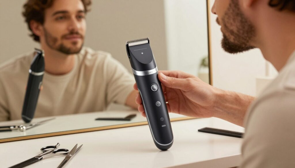 A modern electric body trimmer designed for safe grooming, prominently featured in the foreground, showcasing its sleek design, ergonomic grip, and multiple adjustable length settings. The trimmer is placed on a clean, stylish countertop surrounded by professional grooming essentials like scissors and a comb, hinting at its functionality. In the middle ground, a well-groomed man in a modest casual outfit examines his reflection in a mirror, demonstrating confidence and satisfaction. The background features soft, warm lighting that creates a calm, inviting atmosphere, highlighting the grooming process. The angle is a slight overhead shot, focusing on the trimmer and the man’s face while subtly capturing the entire setup. The overall mood is fresh, modern, and professional, emphasizing the theme of safe body grooming.