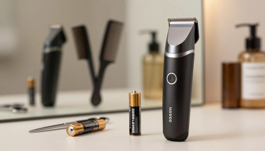 A modern grooming trimmer displayed prominently in the foreground, showcasing its sleek design and features. The trimmer is powered by a rechargeable battery and surrounded by a few AA batteries to emphasize the various power sources. In the middle ground, a subtle reflection of various grooming tools like scissors and a comb can be seen, conveying a comprehensive grooming setup. The background is softly blurred but includes hints of a stylish bathroom setting with soft, warm lighting that creates a welcoming atmosphere. The image should capture a sense of professionalism and care in personal grooming. Use a slightly angled view to add depth, making sure no text or labels are visible in the image.