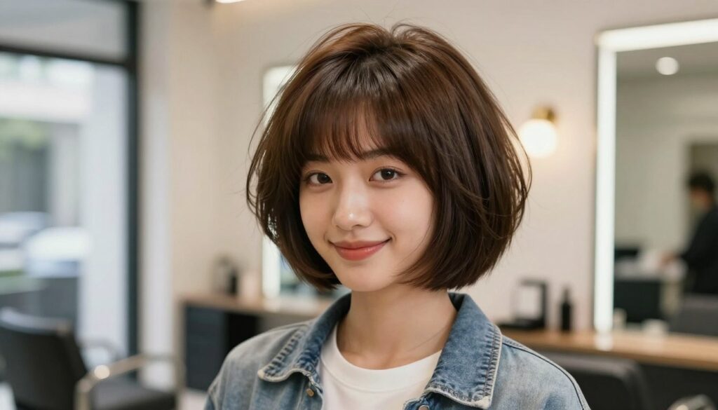 A modern mushroom haircut, showcasing its unique structure and texture, is the focal point of this image. The hairstyle features a rounded shape that emphasizes the volume and layers, with smooth, shiny hair that reflects light. The model, a young woman dressed in stylish casual attire, stands confidently in the foreground, with her hair elegantly framing her face. The background contains a soft-focus salon environment, conveying a sense of a chic, contemporary space. Natural light filters in through large windows, creating a warm and inviting atmosphere. The angle is slightly above eye level, showcasing both the haircut's shape and the woman's joyful expression. The overall mood is vibrant and fresh, symbolizing a modern take on the classic mushroom haircut while highlighting the importance of hair texture and type.