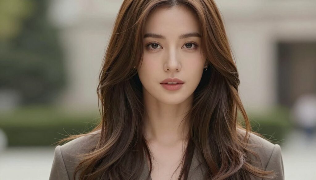 A portrait of a woman with long, layered hair elegantly framing her face, designed to enhance and shape her facial features. The layers cascade down, softening the jawline and accentuating the cheekbones. The hair has a natural, shiny finish, with warm light highlighting the softness of the strands. The woman is dressed in a stylish, modest outfit that complements her look, showcasing a professional yet approachable demeanor. The background features a blurred outdoor setting with soft bokeh, creating a serene atmosphere. The image captures a close-up angle that emphasizes the hair's layers and their impact on the face shape, evoking a sense of sophistication and beauty.