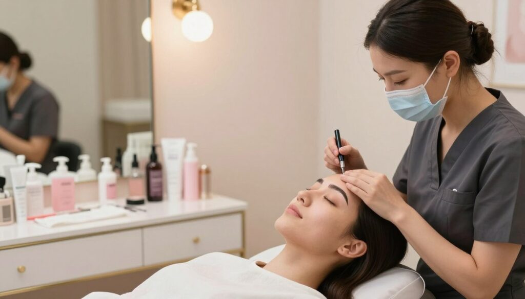 A professional beauty salon setting, featuring a skilled aesthetician carefully performing eyebrow lightening on a client. In the foreground, the aesthetician, dressed in a smart uniform, is applying a gentle lightening product to the client’s eyebrows, focusing on precision and care. The client, with a relaxed expression, sits comfortably in a salon chair, exuding trust and professionalism. In the middle ground, an array of beauty products and tools is neatly organized on a stylish counter, hinting at the expertise involved in eyebrow care. The background features soft, warm lighting, accentuated by elegant mirrors and pastel-colored decor, creating a calm and inviting atmosphere. The overall mood conveys professionalism and expertise in eyebrow treatments, emphasizing safety and precision in beauty care. A professional beauty salon setting, featuring a skilled aesthetician carefully performing eyebrow lightening on a client. In the foreground, the aesthetician, dressed in a smart uniform, is applying a gentle lightening product to the client’s eyebrows, focusing on precision and care. The client, with a relaxed expression, sits comfortably in a salon chair, exuding trust and professionalism. In the middle ground, an array of beauty products and tools is neatly organized on a stylish counter, hinting at the expertise involved in eyebrow care. The background features soft, warm lighting, accentuated by elegant mirrors and pastel-colored decor, creating a calm and inviting atmosphere. The overall mood conveys professionalism and expertise in eyebrow treatments, emphasizing safety and precision in beauty care.