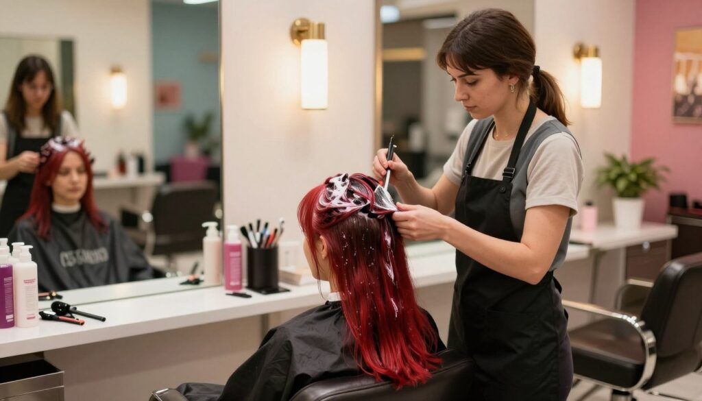 A professional hair salon interior with a focus on a hairdresser performing color decolorization on a client with vibrant red hair. The hairdresser, a woman in stylish professional attire, is carefully applying a decolorizing treatment to the client's hair, showcasing her expertise. The foreground features bright salon tools and products on a counter, while the client sits in a salon chair, looking relaxed. In the background, there are mirrors reflecting the ambient lighting and colorful salon decor, creating a welcoming atmosphere. The scene is illuminated by soft, warm lighting, giving it a cozy yet professional feel. Captured with a slightly blurred background to emphasize the action and expertise in the foreground. A professional hair salon interior with a focus on a hairdresser performing color decolorization on a client with vibrant red hair. The hairdresser, a woman in stylish professional attire, is carefully applying a decolorizing treatment to the client's hair, showcasing her expertise. The foreground features bright salon tools and products on a counter, while the client sits in a salon chair, looking relaxed. In the background, there are mirrors reflecting the ambient lighting and colorful salon decor, creating a welcoming atmosphere. The scene is illuminated by soft, warm lighting, giving it a cozy yet professional feel. Captured with a slightly blurred background to emphasize the action and expertise in the foreground.
