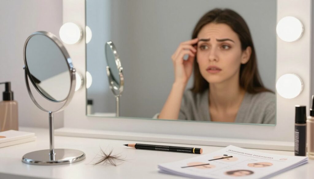 A professional makeup station showcasing the most common mistakes in eyebrow shaping. In the foreground, a close-up of tweezers and a small mirror, with stray eyebrow hairs scattered on a clean countertop. In the middle, a well-groomed eyebrow pencil lies beside an instruction booklet hinting at incorrect techniques. The background features a softly lit vanity mirror reflecting a carefully styled woman with modest casual clothing, examining her eyebrows with a look of concern, representing the struggle of achieving the perfect shape. The overall atmosphere is informative and slightly cautionary, utilizing gentle lighting to evoke a sense of focus and precision in beauty practices.