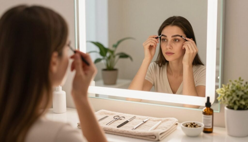 A serene and organized bathroom setting focusing on eyebrow care preparations. In the foreground, a stylish vanity table displays an array of grooming tools, including tweezers, scissors, and brow gels, neatly arranged on a light-colored towel. Beside them, there’s a small bowl of natural oils and a skincare product for nourishing the skin. The middle ground shows a well-lit mirror reflecting a person's face, who is gently examining their brows with a focused expression. The background features soft, cozy lighting, with potted plants and cream-colored walls creating a peaceful atmosphere. The mood conveys a sense of calm and self-care, emphasizing the importance of preparation for eyebrow regrowth. The camera angle is slightly elevated, capturing the entire scene harmoniously.