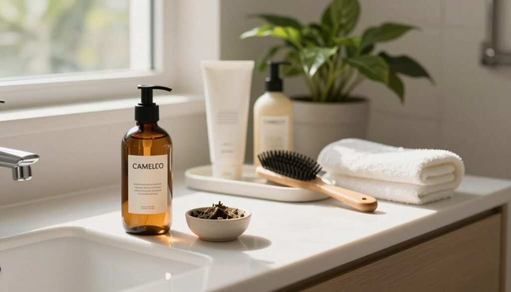 A serene and tranquil bathroom setting featuring a stylish, modern vanity with natural light streaming in through a nearby window. In the foreground, a beautiful glass bottle of Cameleo hair rinse and a small bowl with herbal ingredients related to hair care are elegantly arranged. In the middle, a clean, neatly organized display of hair care products, including a brush and a towel. In the background, a lush green plant adds a touch of freshness and vitality to the space. The image should evoke a sense of calm and wellness, with soft, warm lighting creating a soothing atmosphere. The perspective should be from a slight angle, capturing the homely essence of self-care rituals focused on maintaining healthy hair.